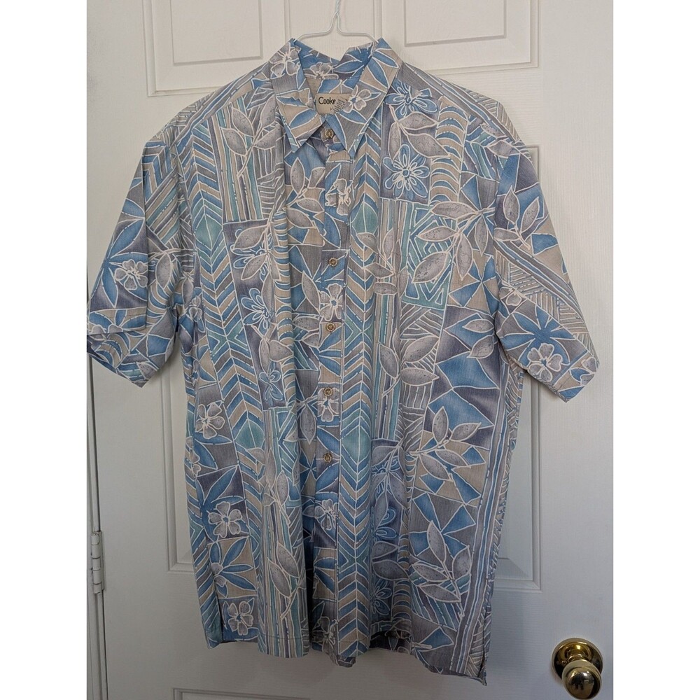 NEW Cooke Street Hawaiian Button Shirt Mens XL Blue Gray Floral Geometric Cotton